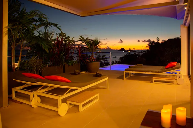 terrace pool at sunset at Villa Aka in St Barts - St. Barts Villa Rental