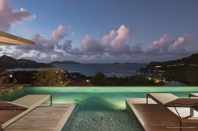 pool ocean view night at Villa Alta Rocca in St Barts - St. Barts Villa Rental