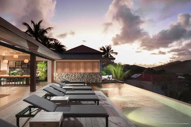 pool ocean view night at Villa Alta Rocca in St Barts - St. Barth Villa Rental