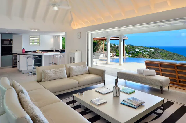 Ombre sofa pool  ocean view at Villa Bel Ombre in St Barts - St. Barth Villa Rental