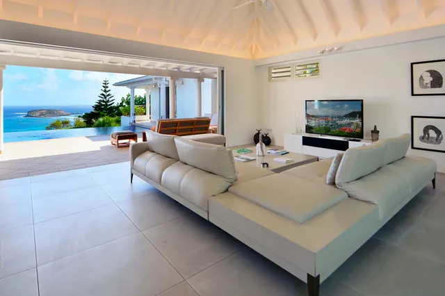 Ombre sofa Tv ocean view at Villa Bel Ombre in St Barts - St Barts luxury vacation rental