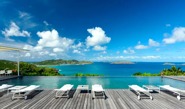 01 - Hill House pool deck ocean view at Villa Hill House in St Barts - St. Barts Villa Rental