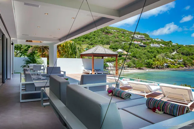 bed covered terrace ocean at Villa Javacanou in St Barts - St. Barts Villa Rental